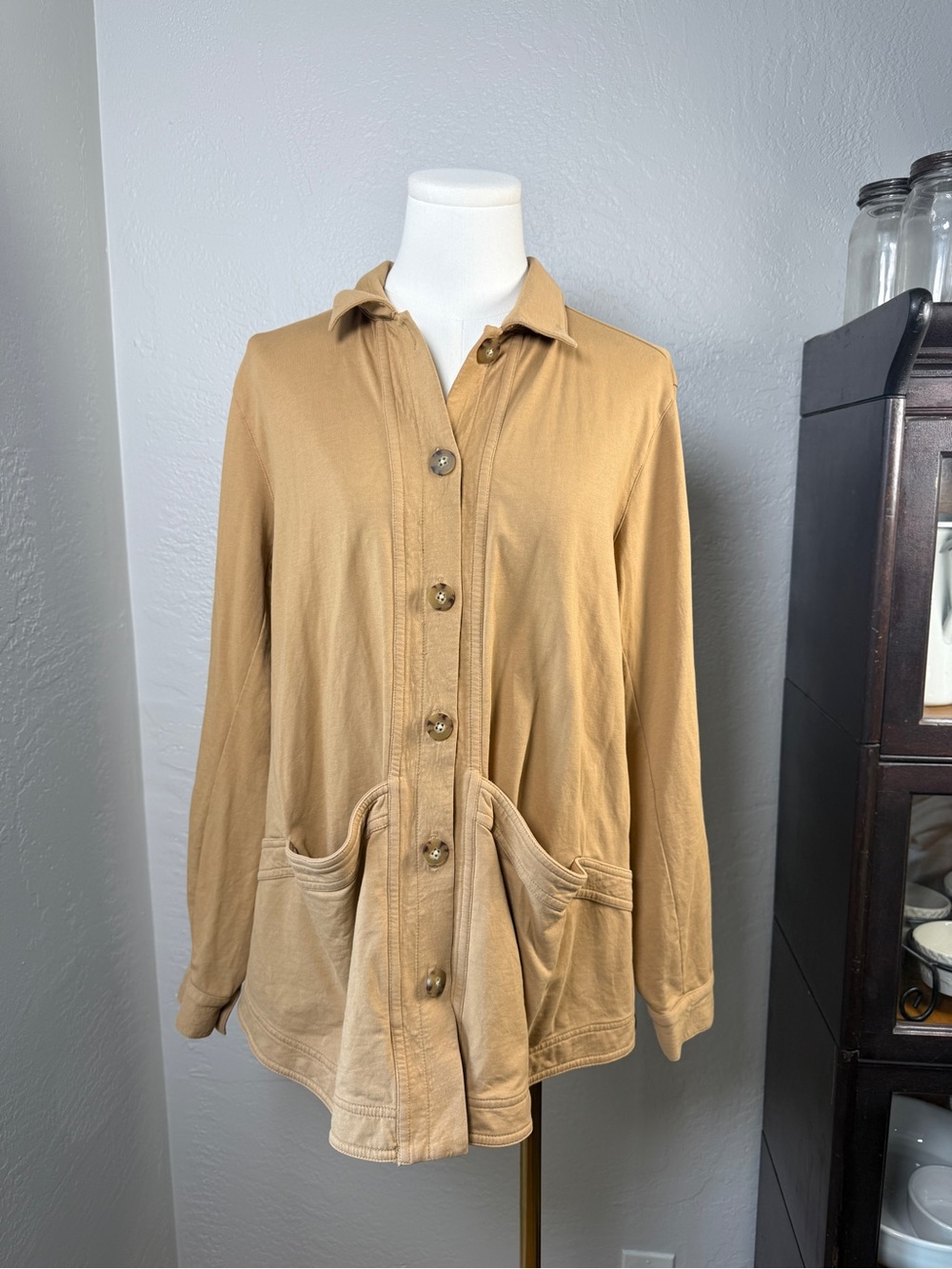 J.Jill Tan Knit Khaki Tan Jacket Cardigan Button Front Stretch Cotton Size M